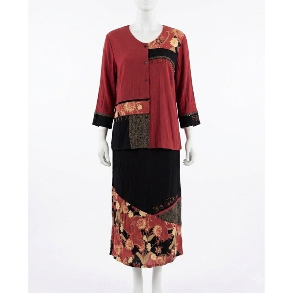 VTG 90s Napa Valley Women M Set Red Black Floral Patchwork Beaded Boho Lagenlook